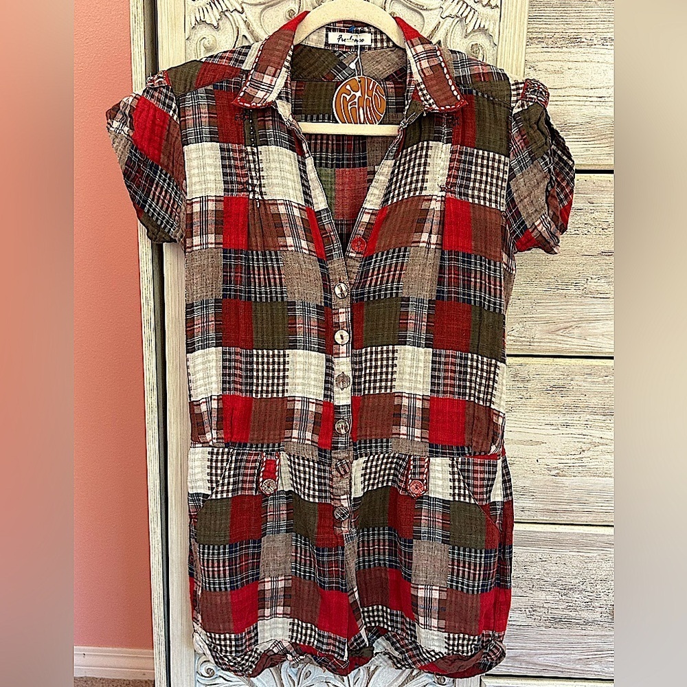 prairie patchwork plaid short romper  Cottagecore Americana folk festival NWT M